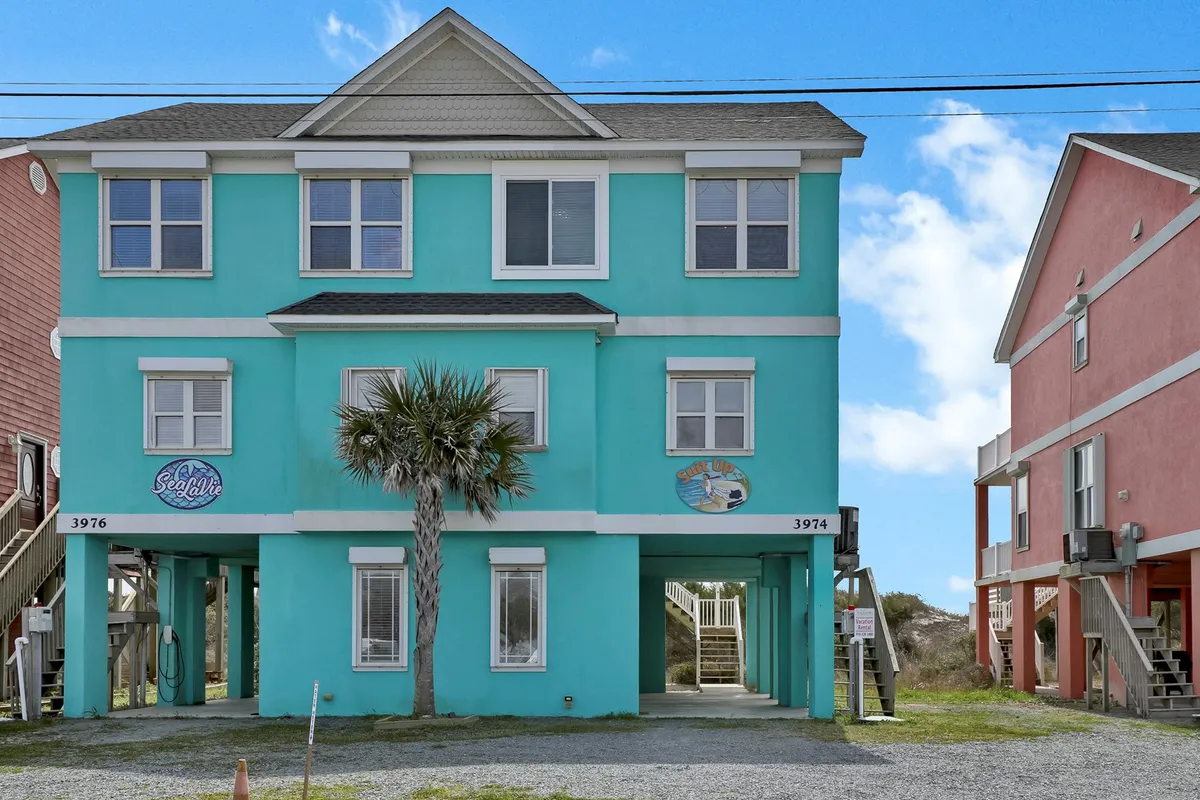 A cheerful exterior view featuring the turquoise facade of the house, accented by a palm tree and decorative signs. The setting hints at a laid-back, inviting vibe, making it a pleasant spot for pet owners and their furry companions to enjoy the outdoors.